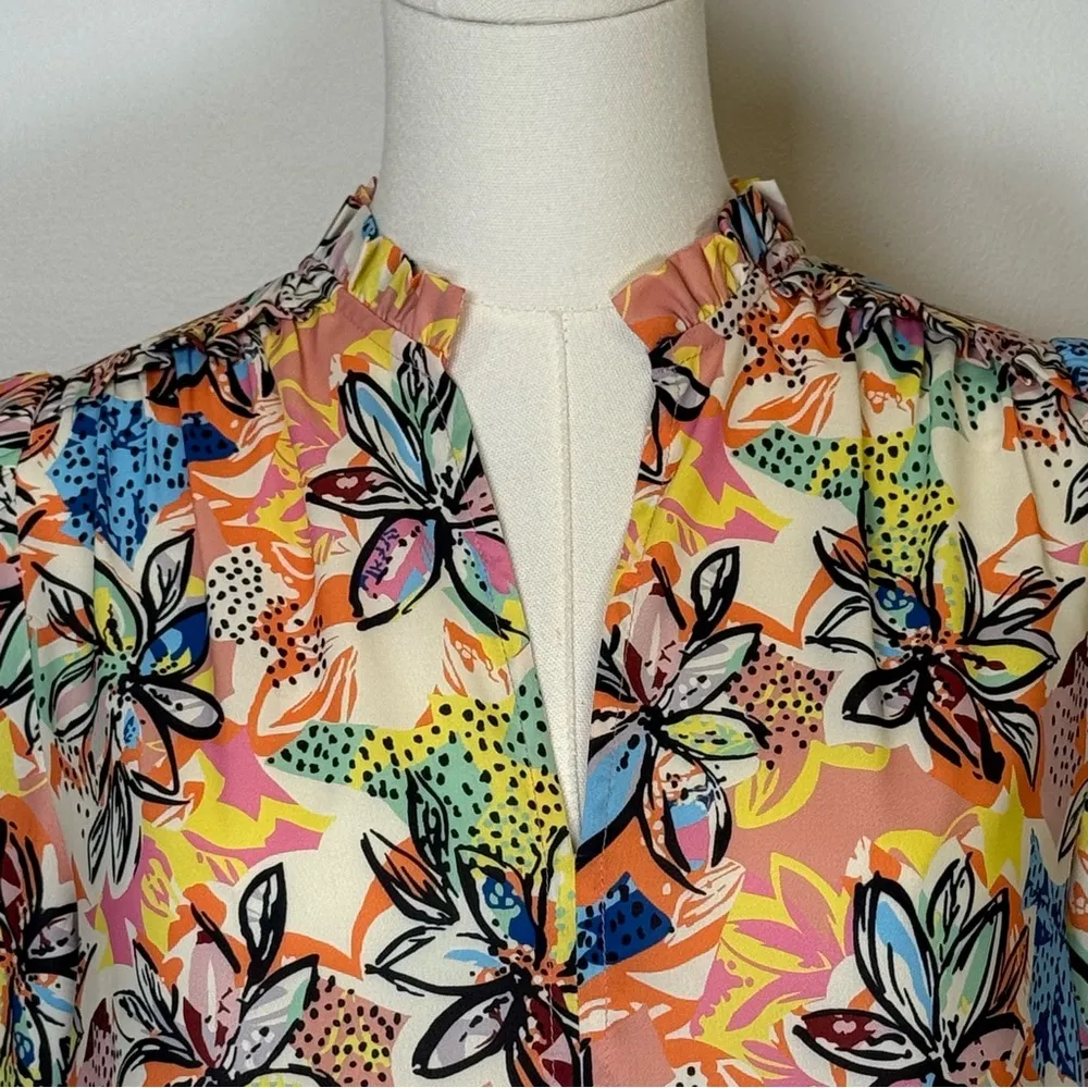 JADE | Melody Tam Colorful Floral 3/4 Sleeve Split Neck Blouse Women’s Size XS Blue - Image 2