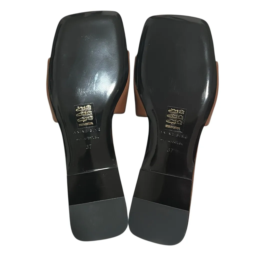 NEW NIB Anine Bing Ria Logo Embossed Lambskin Slides In Cognac Brown - Image 7