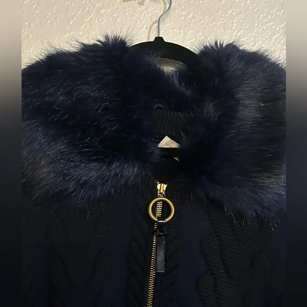 TORY BURCH Contraire Merino Wool Cable Knit Faux Fur Sweater Bomber Jacket XL - Image 5