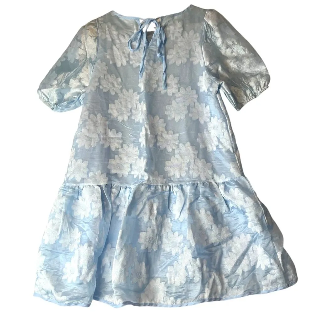 Pink Ripple Womens S Swing Dress Puff Sleeve Drop Waist Blue Floral Garden Party - Image 2