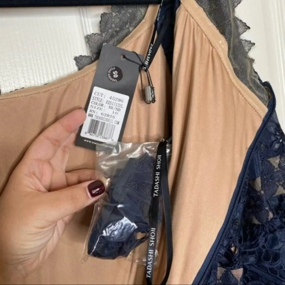 NWT Tadashi Shoji Navy Blue Nude Lace Off The Shoulder Maxi Dress Gown Size 10 - Image 11