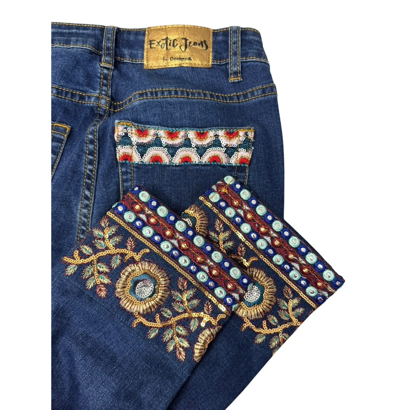 DESIGUAL Exotic Sequin Embroidered Metallic Floral Zip Ankle Skinny Jeans Sz 24 - Image 10