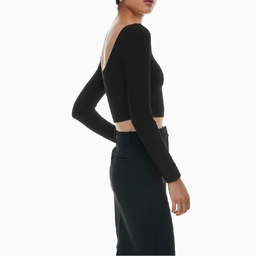 Aritzia Babaton Black Sculpt Knit Square Neck Cropped Long Sleeve Crop Top XS - Image 2