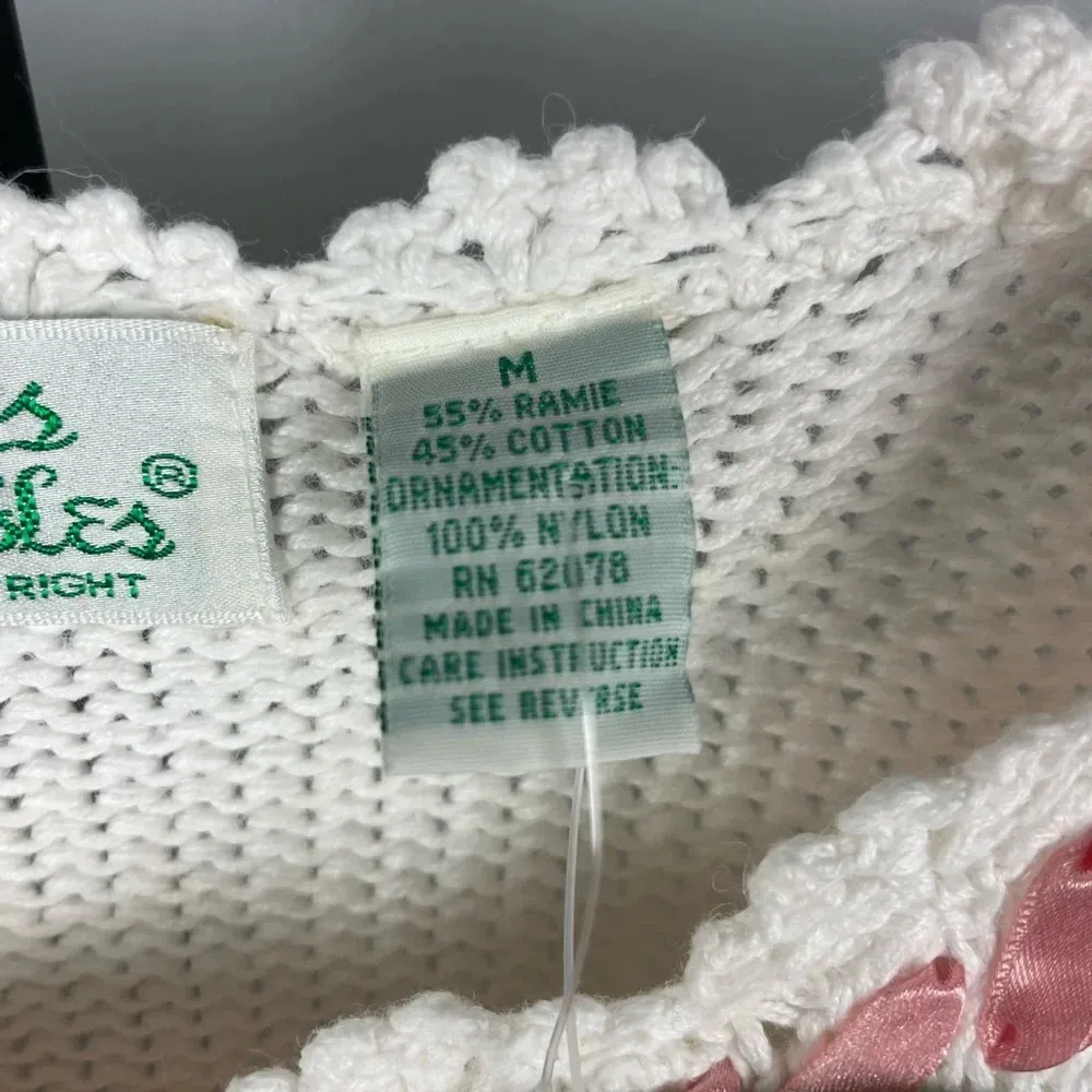 Vintage Colleen Collectibles White Knit Ribbon Floral Planter Pullover Sweater Size M - Image 5