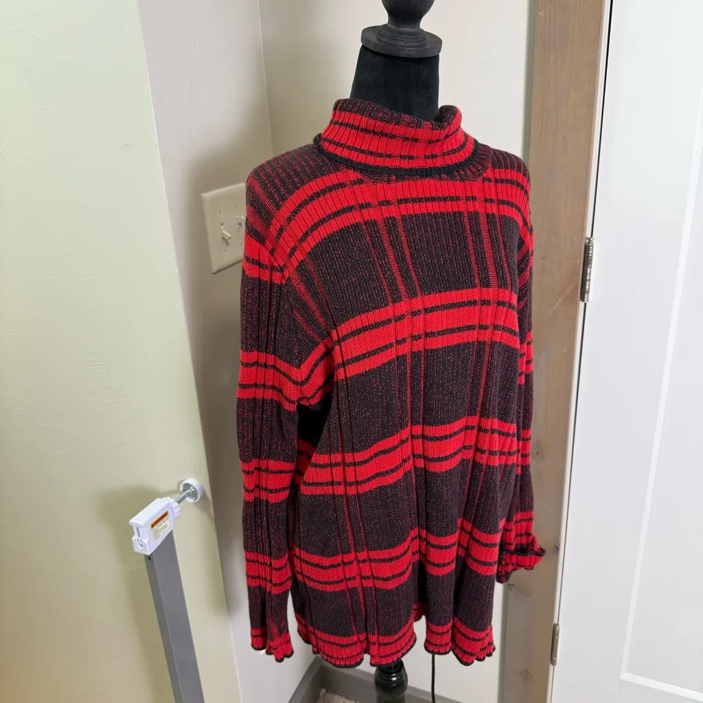 Woolrich 100% Cotton Black Red Buffalo Plaid Cowl Turtleneck Sweater Tunic Knit - Image 4