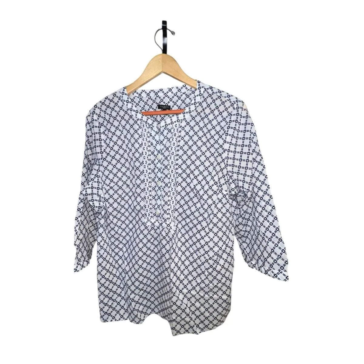 Talbots Petite Navy White Geometric Cotton Blouse 3/4 Sleeve Tunic Women's XLP - Image 2
