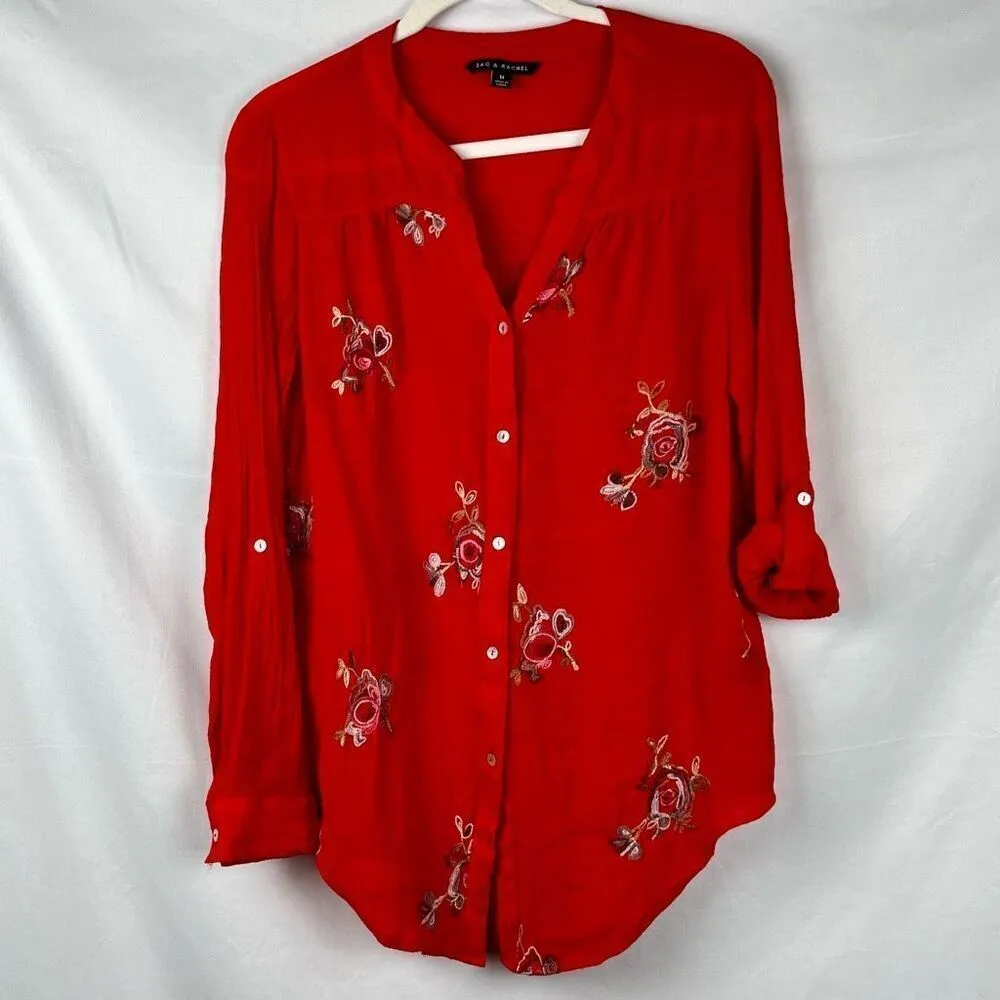 Zac & Rachel Floral Retro Button Up Long Sleeve Top Medium Red - Image 2