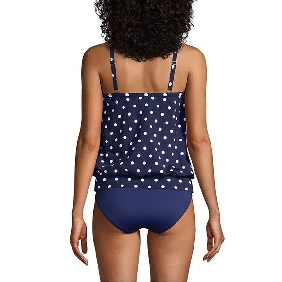 Land's End Chlorine Resistant Blouson Tankini Swimsuit Blue Polka Dot upf50 14DD - Image 2