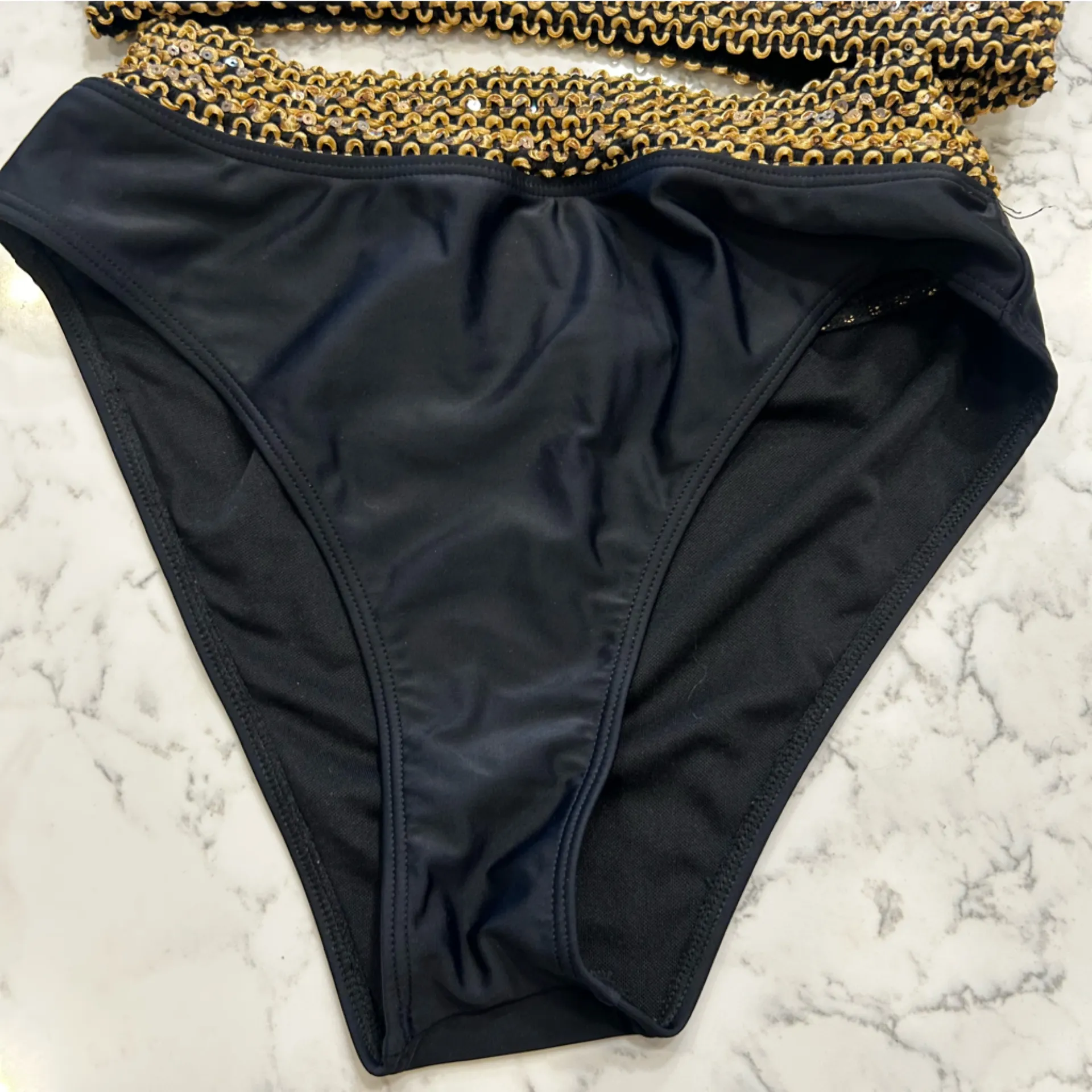 Black Bikini Two Piece Swimsuit w/ Gold Sequin Trim Size 0XL - Image 5