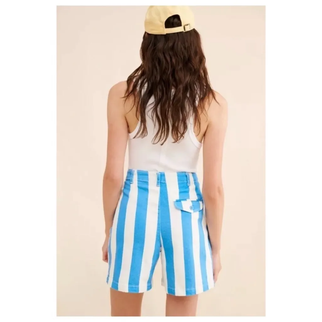 ANTHROPOLOGIE Maeve Parasol Stripe Blue & White Dad Shorts size 8 - Image 3