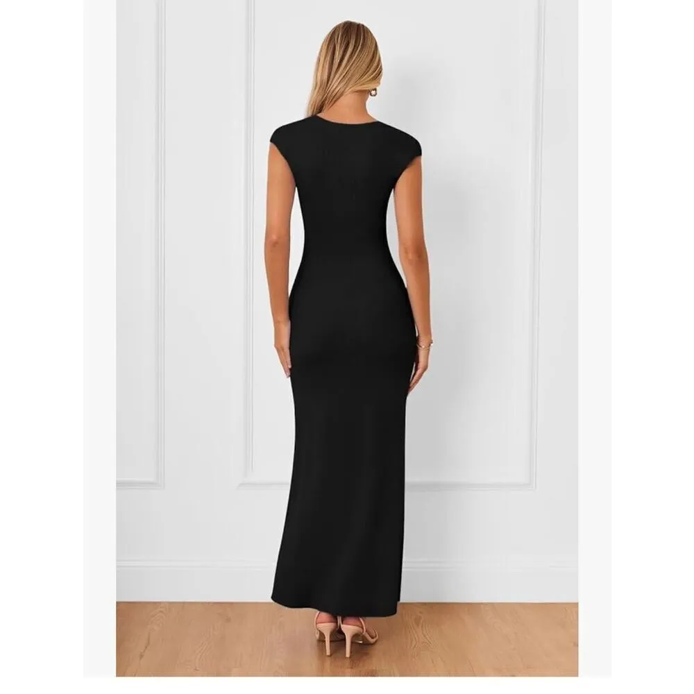 NEW Cap Sleeve Ribbed Knit Maxi Dress Crew  Neck Slim Fit  L - Image 4