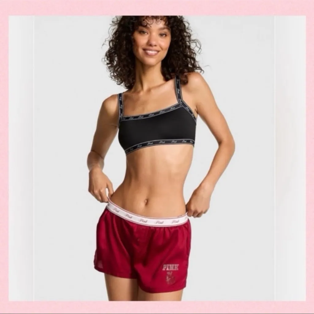 🍎PINK VICTORIA’S SECRET Silky Pajama Shorts Red With Bling Apple & “PINK” Logo L - Image 4