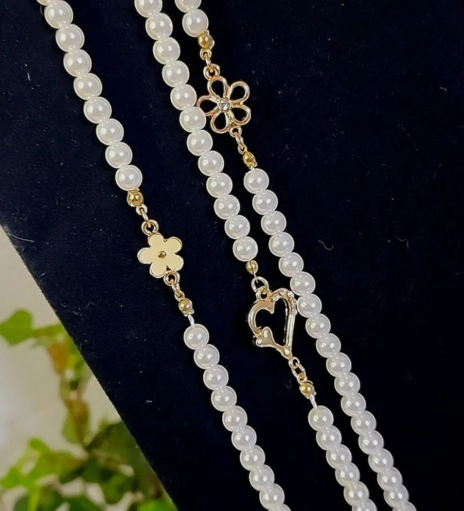 3 Strand Faux Pearl and Charms Necklace Gold - Image 3