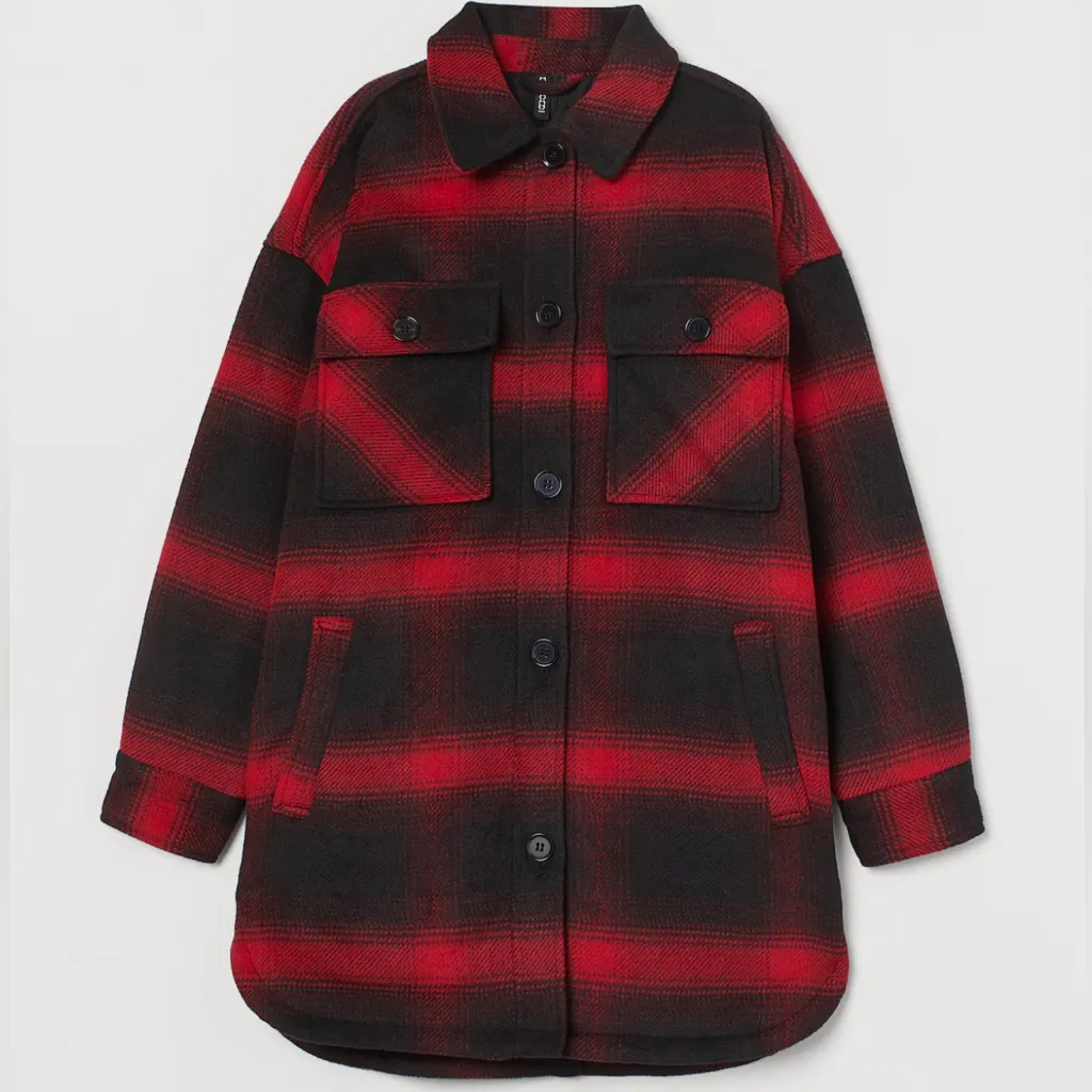 H&M Oversized Red/Black Plaid Shacket - Image 3