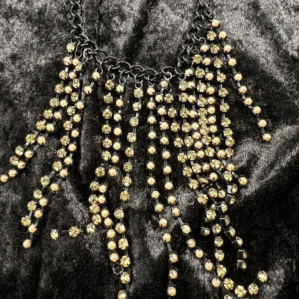 Chicos Black Fringe Bib 21" Necklace Faux Pearl Rhinestone 4.5" Drop - Image 2