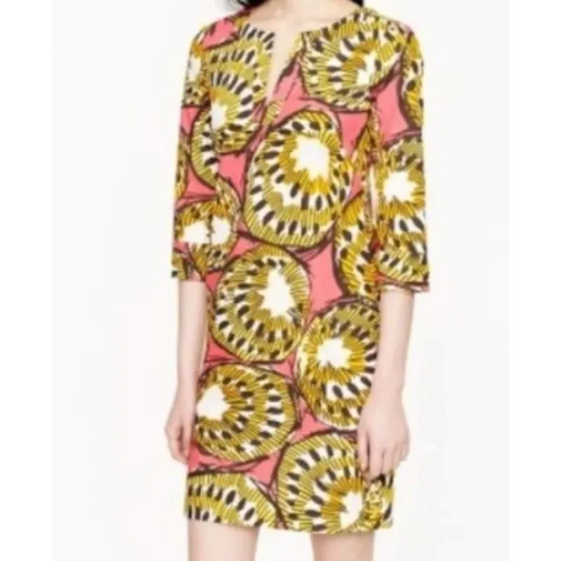 J Crew Green Ratti Electric Kiwi Cotton Tunic Dress Pockets Retro 3/4 Sleeve 4 - Image 2