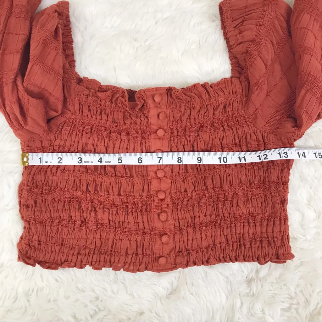 GIANNI BINI Smocked Peasant Top Long Sleeve Burnt‎ Orange Rust Red Size XS New - Image 10