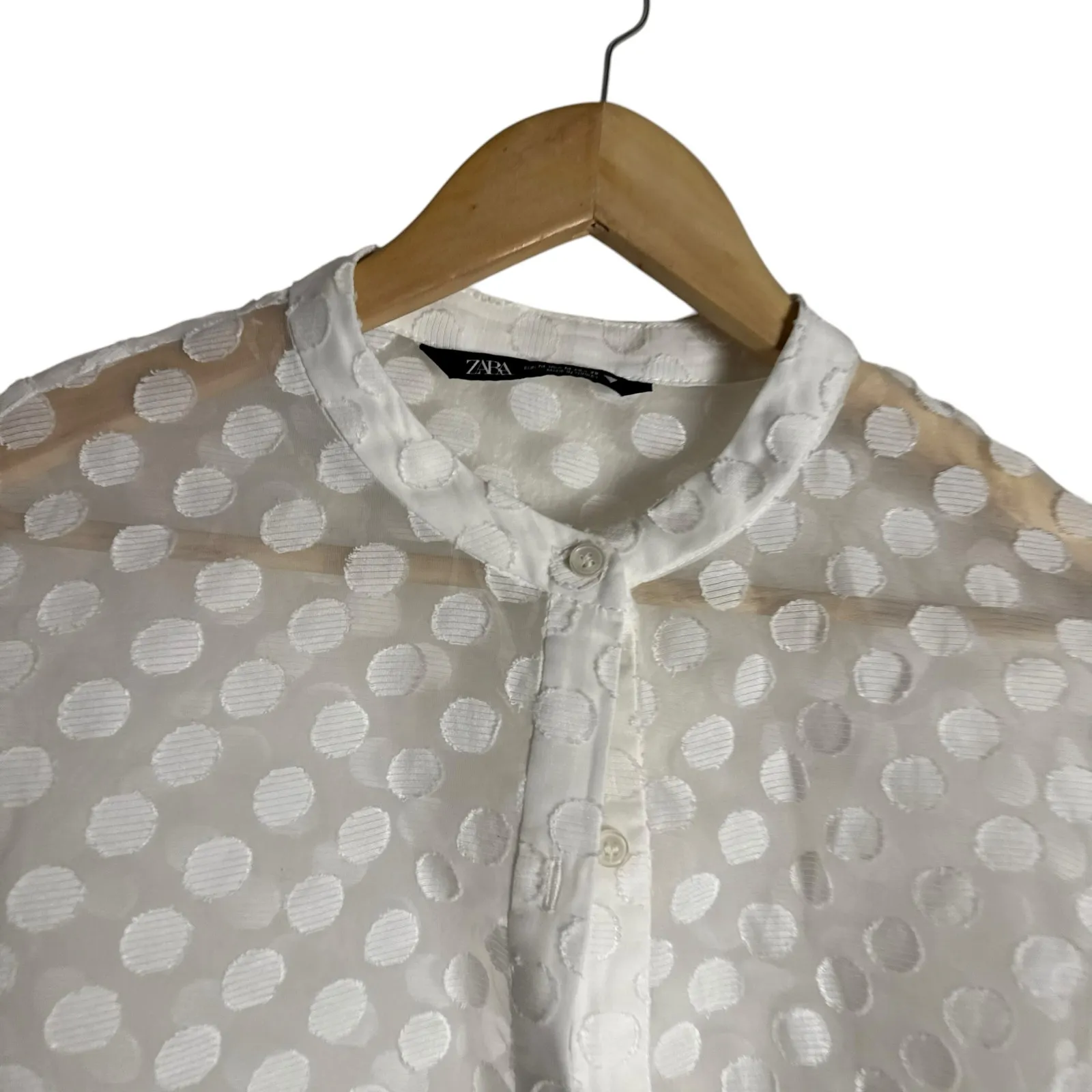 Zara White Polka Dot Sheer Organza 3/4 Sleeve Cropped Button Up Blouse Size M - Image 3