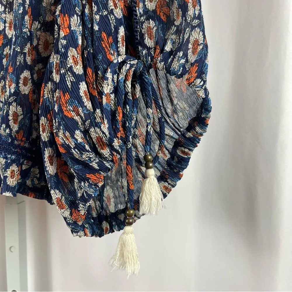 POL Medium Peasant Floral Boho Pleated Puff Sleeve Crop Top Cottagecore Tassel - Image 3