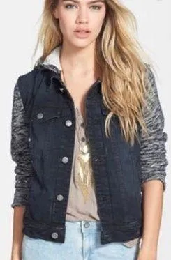 FREE PEOPLE Denim Trucker Jacket Black Knit Hoodie SZ XS - Image 2