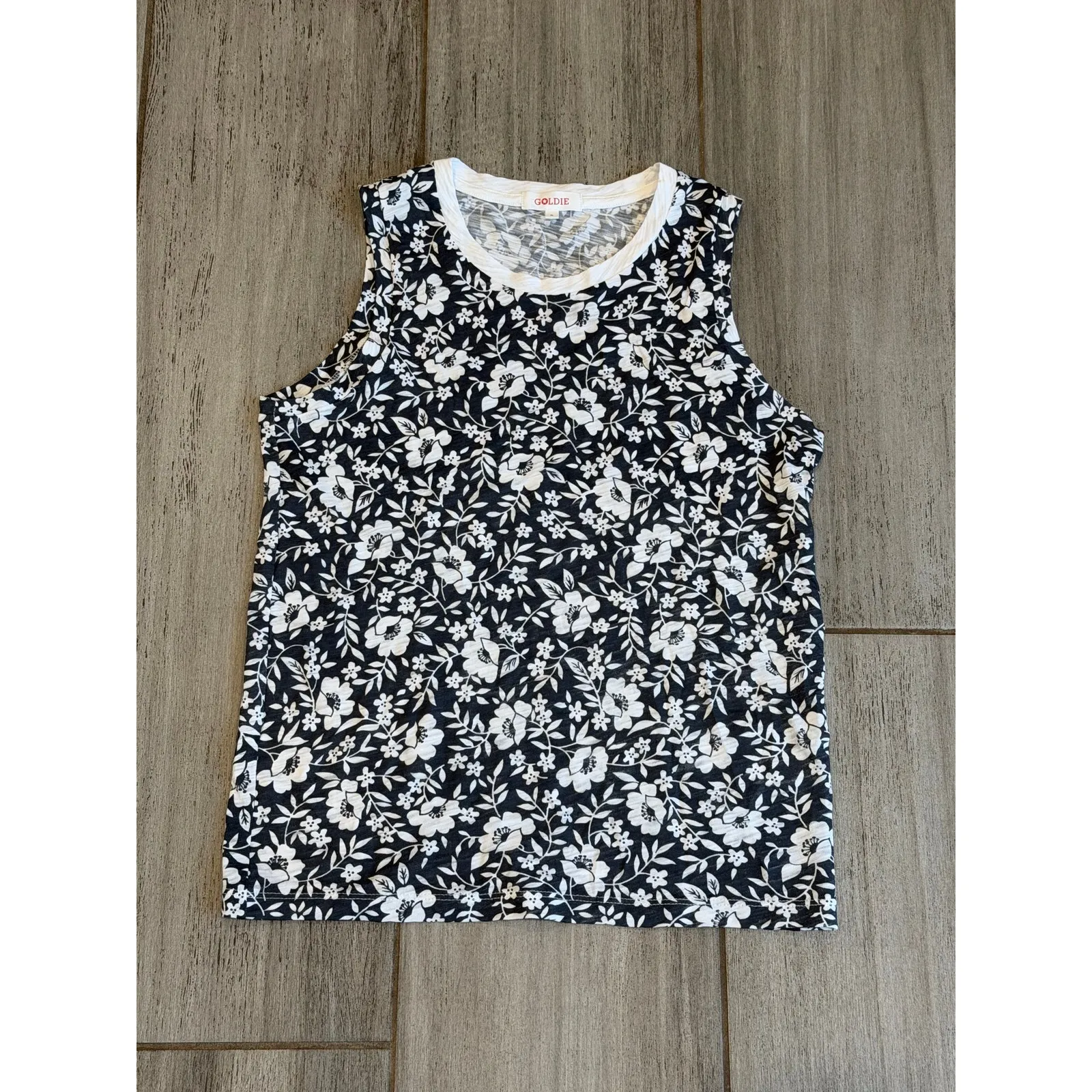 Goldie Tank Top Womens Small Black White Floral Sleeveless Pima Cotton Summer - Image 4