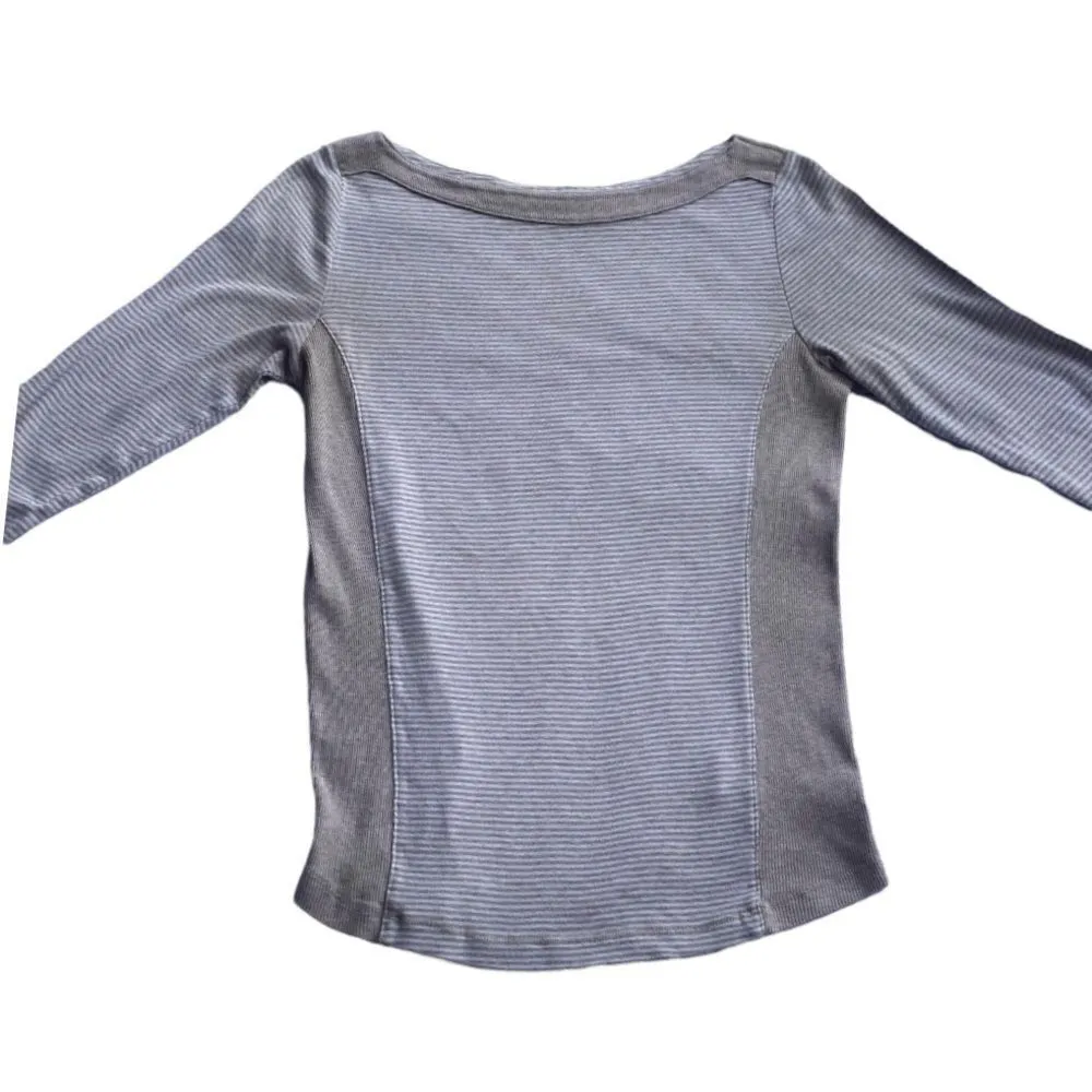 LL Bean Boat Neck Beige Stripe Three Quater Sleeve Top Size M - Image 5