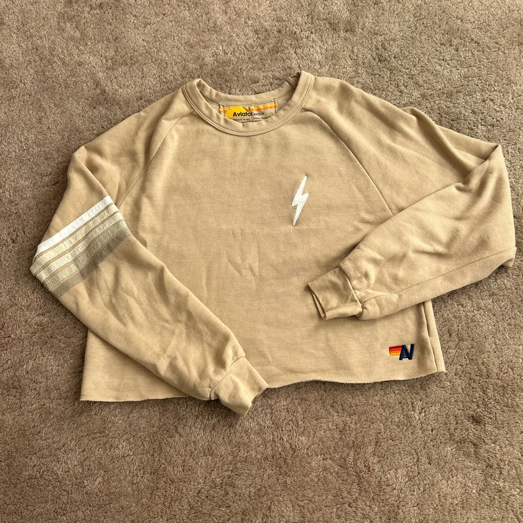 Aviator Nation Rugby Bolt Stitch Cropped Crewneck in Sand Beige - Image 3