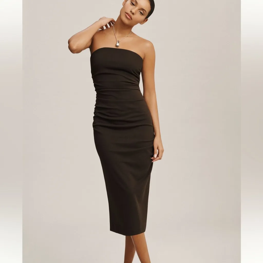 BHLDN Hayden Strapless Stretch Crepe Midi Dress Brown, Size XL - Image 2