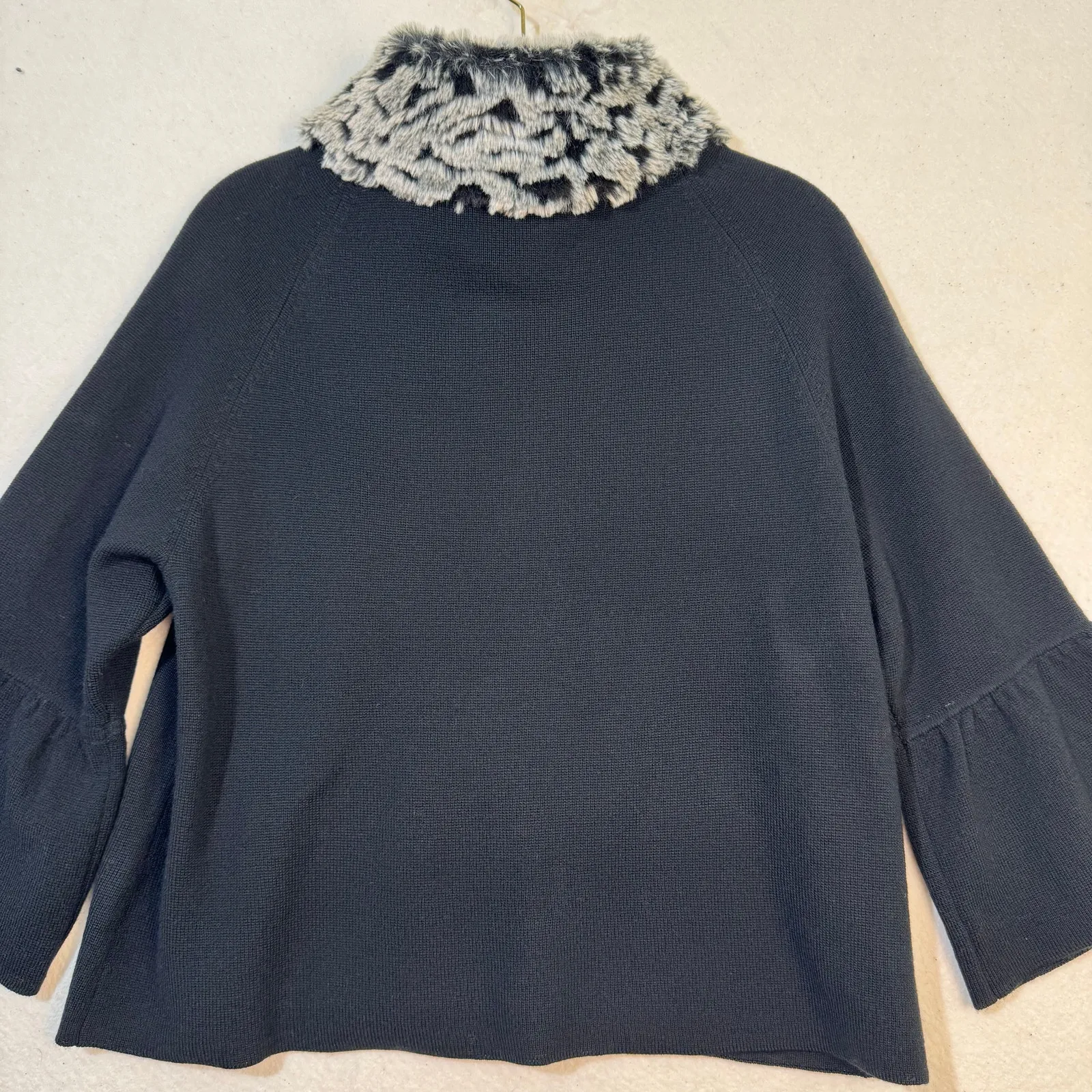 INC Fur Trimmed Collar Snap Front Black Sweater 3/4 Bell Sleeves Size X - Image 4