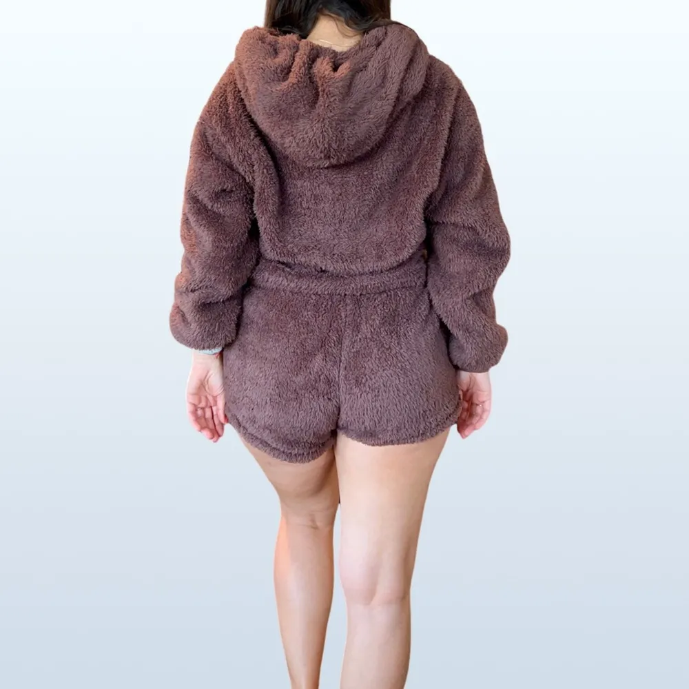 NWT  Plush Deep Taupe Drawstring Loungewear Crop Hoodie + Shorts - Image 4
