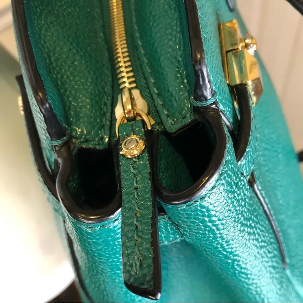 HENRI BENDEL Teal Caviar Carlyle Leather Tote Shoulder Bag Wallet & Strap SET - Image 14