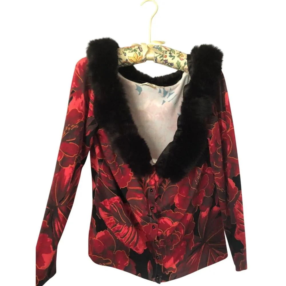 Boston Proper Stretch Knit Removable Black Faux Fur Collar Top Sz L Red Black - Image 4