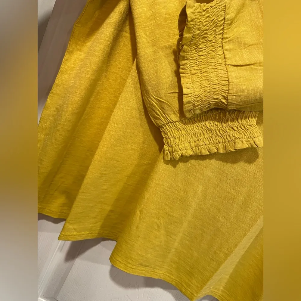 NWT J. Jill Size S Marigold Yellow 3/4 Smocked Sleeve Henley Top Pearl Buttons Gold - Image 5
