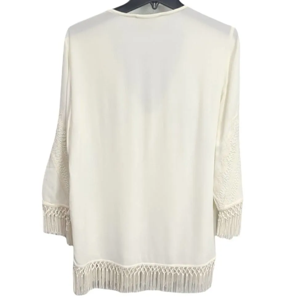 Love Sam Fringe V-neck Cream Ivory 3/4 Sleeve Blouse Size Small‎ - Image 2
