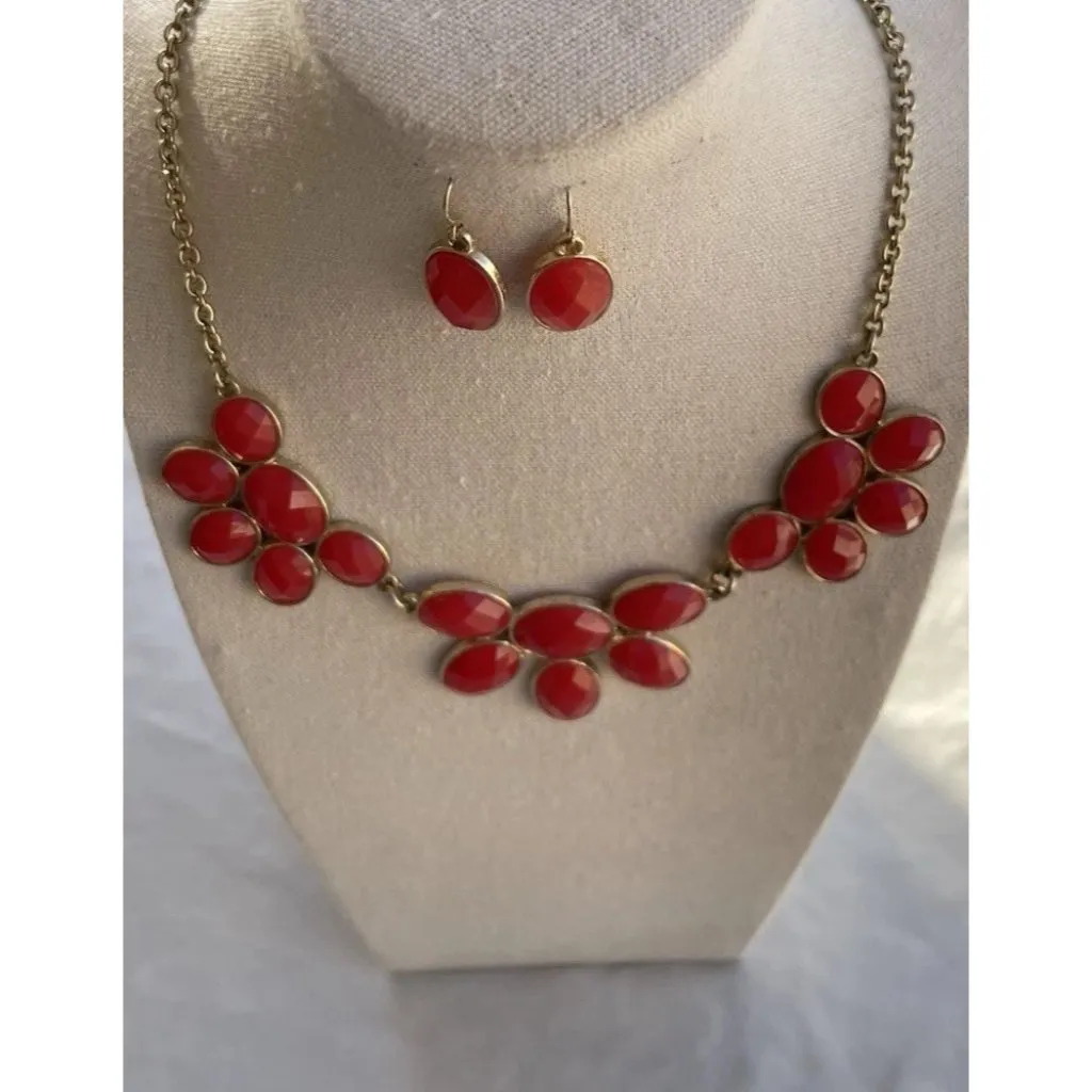 Vintage Charming Charlie Goldtone Burnt Orange Bead Scoop Necklace Earrings Gold - Image 5