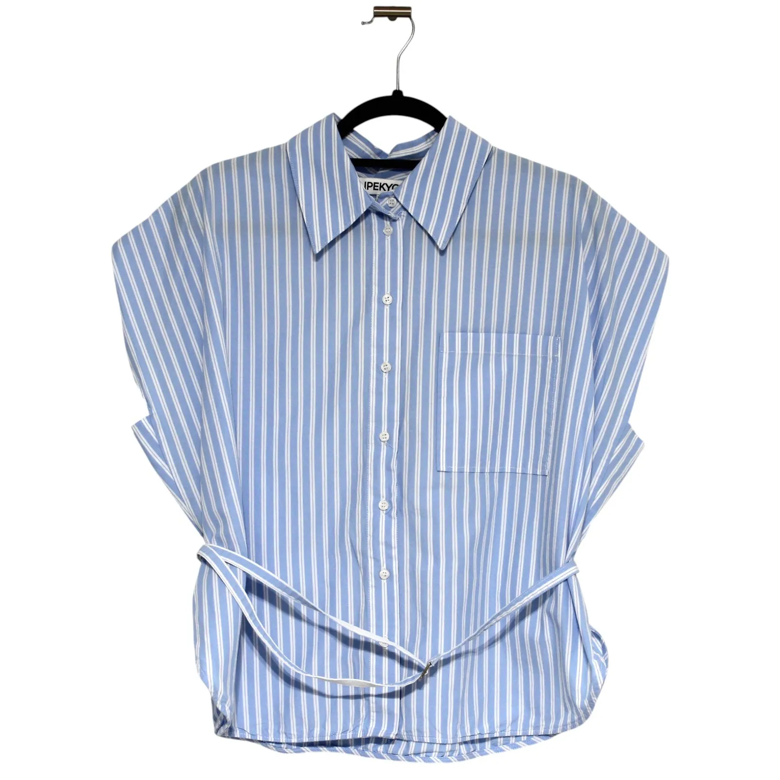 IPEKYOL Poplin Blouse Button Down w Belt Detail Blue White Size 42 Size L - Image 6