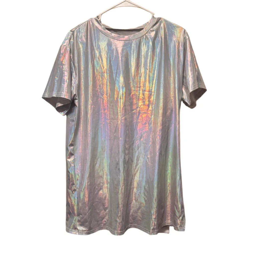 NWOT Y2K Shiny Holographic Metallic Oversized Disco T - Image 4