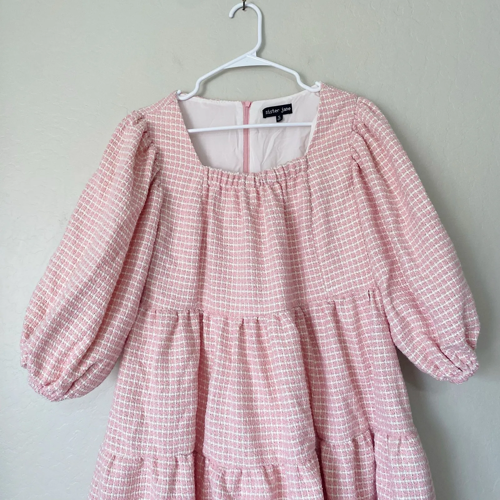 Sister Jane Pink Rosy Knees Tweed Confetti Square Neck Puff Sleeve Dress Size S - Image 5