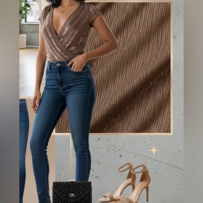 Bronze Shimmer Faux Wrap Bodysuit Plunge V-Neck Top Size S - Image 3