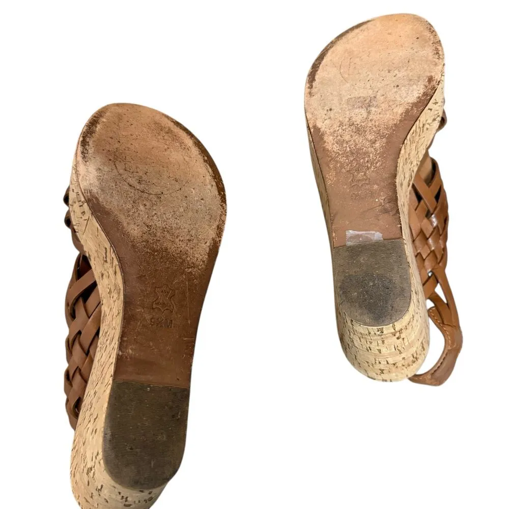 Tory Burch Killian Brown Leather Strappy Woven Cork Platform Wedge Sandals 9.5 - Image 9