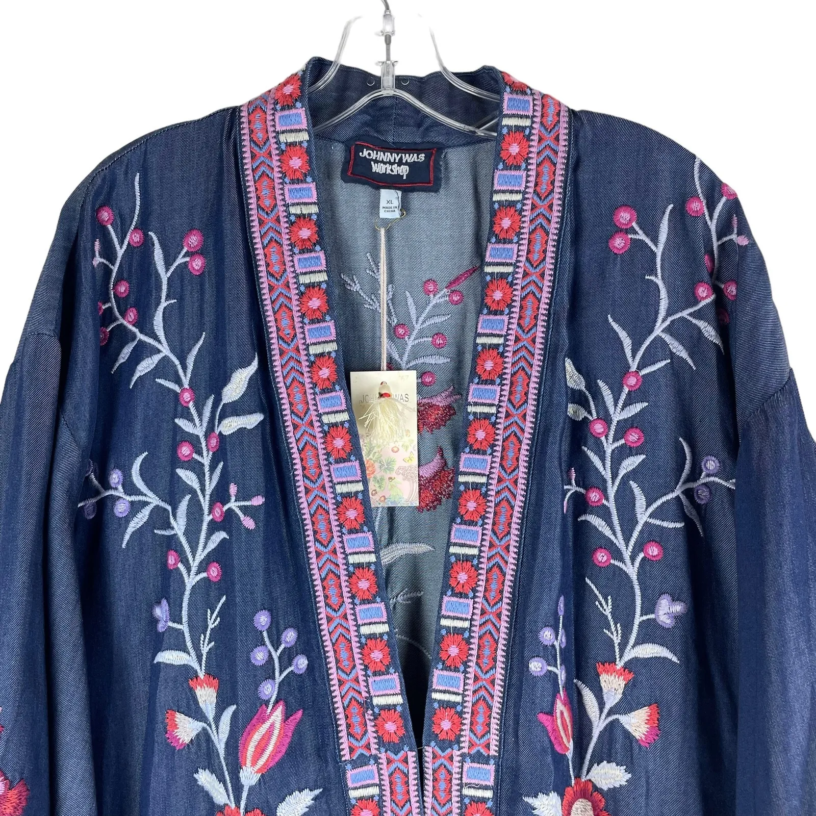 Johnny Was Piper Shirt Tail Kimono Jacket Embroidery Denim Size XL - Image 5