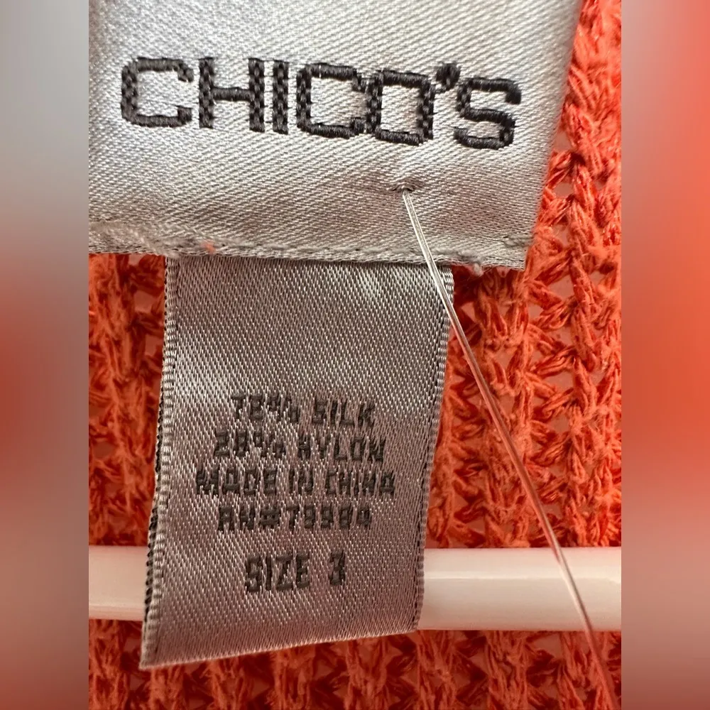 Chicos Open Front Silk Cardigan Knit Sweater Orange short Sleeve - Image 4