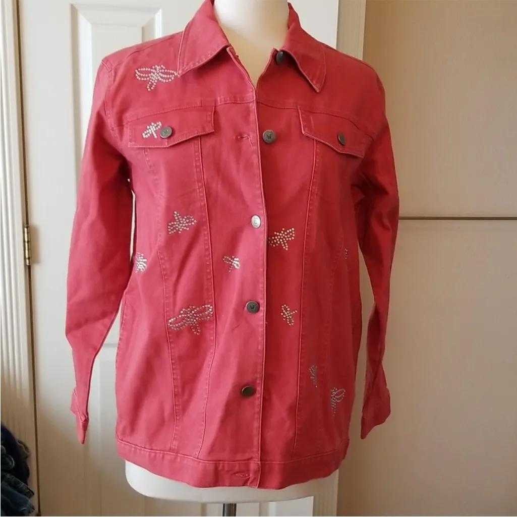Vintage Quacker factory jean jacket embellished with rhinestone dragonflies Size M - Image 2