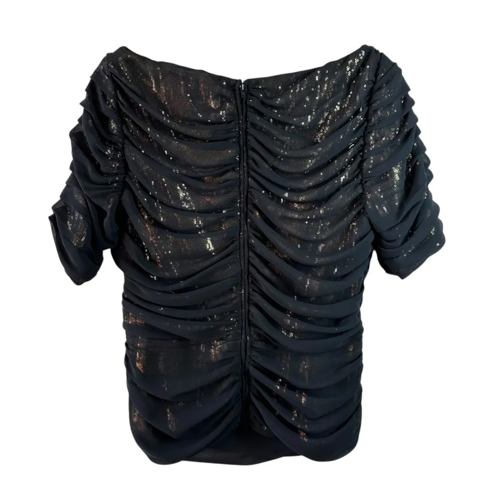 Tadashi Shoji Black Ruched Chiffon Sequin Draped Evening Top Size 16 - Image 4