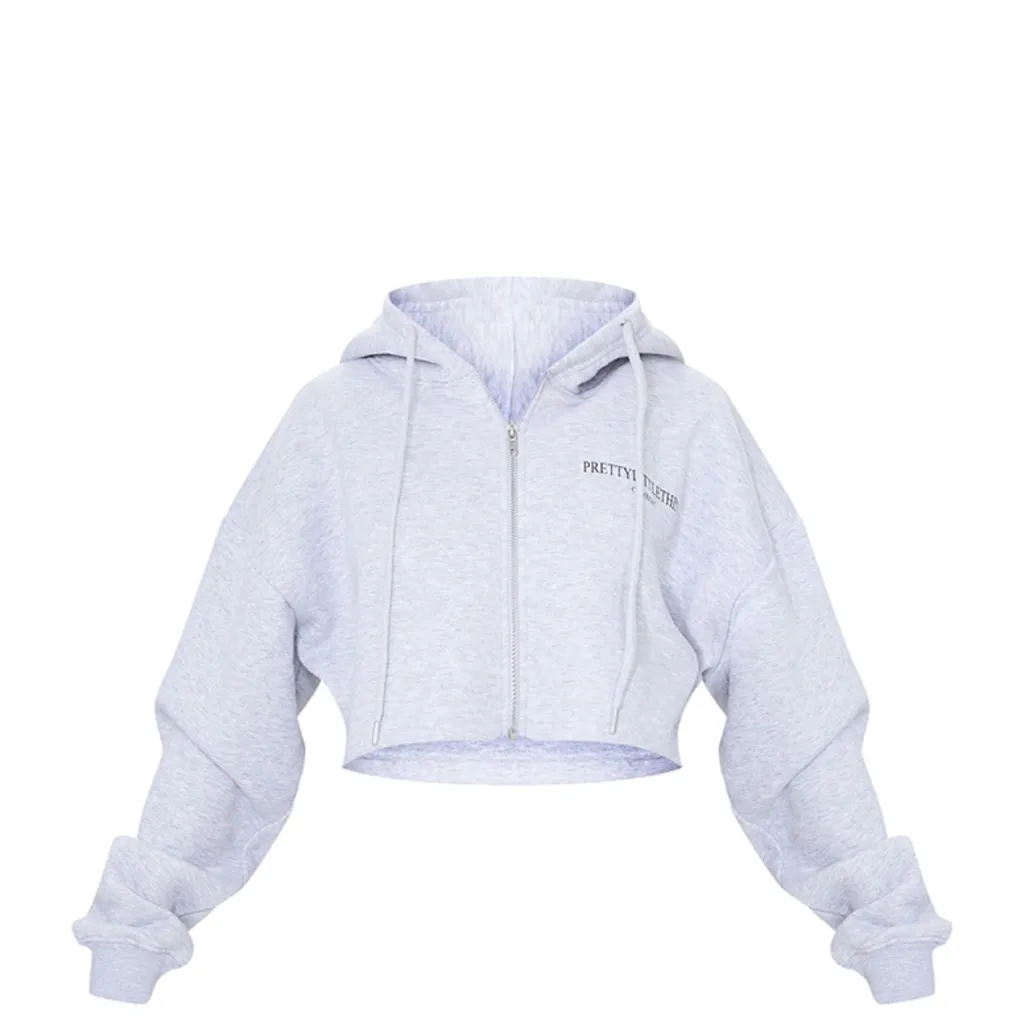 PRETTYLITTLETHING GREY MARL COPYRIGHT GRAPHIC ZIP THROUGH CROPPED HOODIE M - Image 3