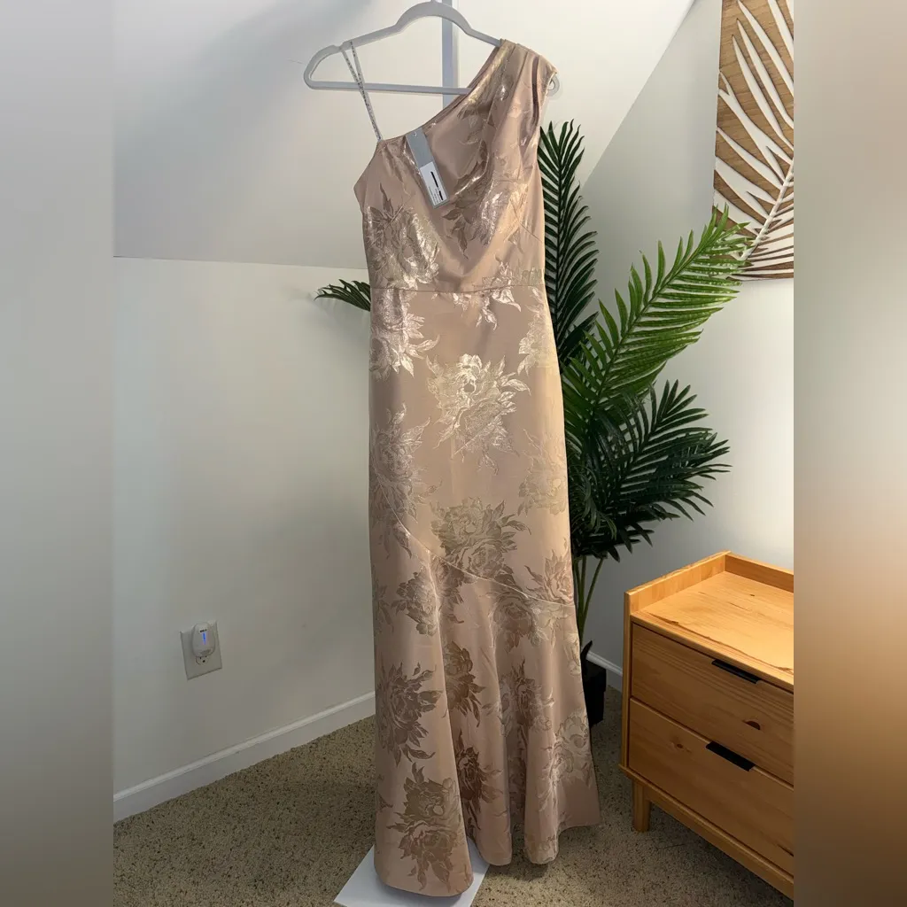 Kay Unger One Shoulder Jacquard Gown Dummer Gold Dress size 6 NWT - Image 2