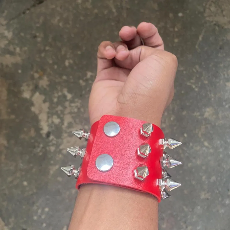 Gothic Studded Red Bracelet Choker Punk Spike Rivets Cuff Wristband Adjustable - Image 3