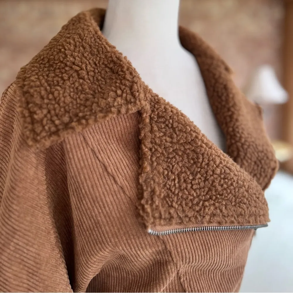 HYFVE Brown Tan Corduroy Sherpa Collar Cropped Moto Bomber Jacket S - Image 13