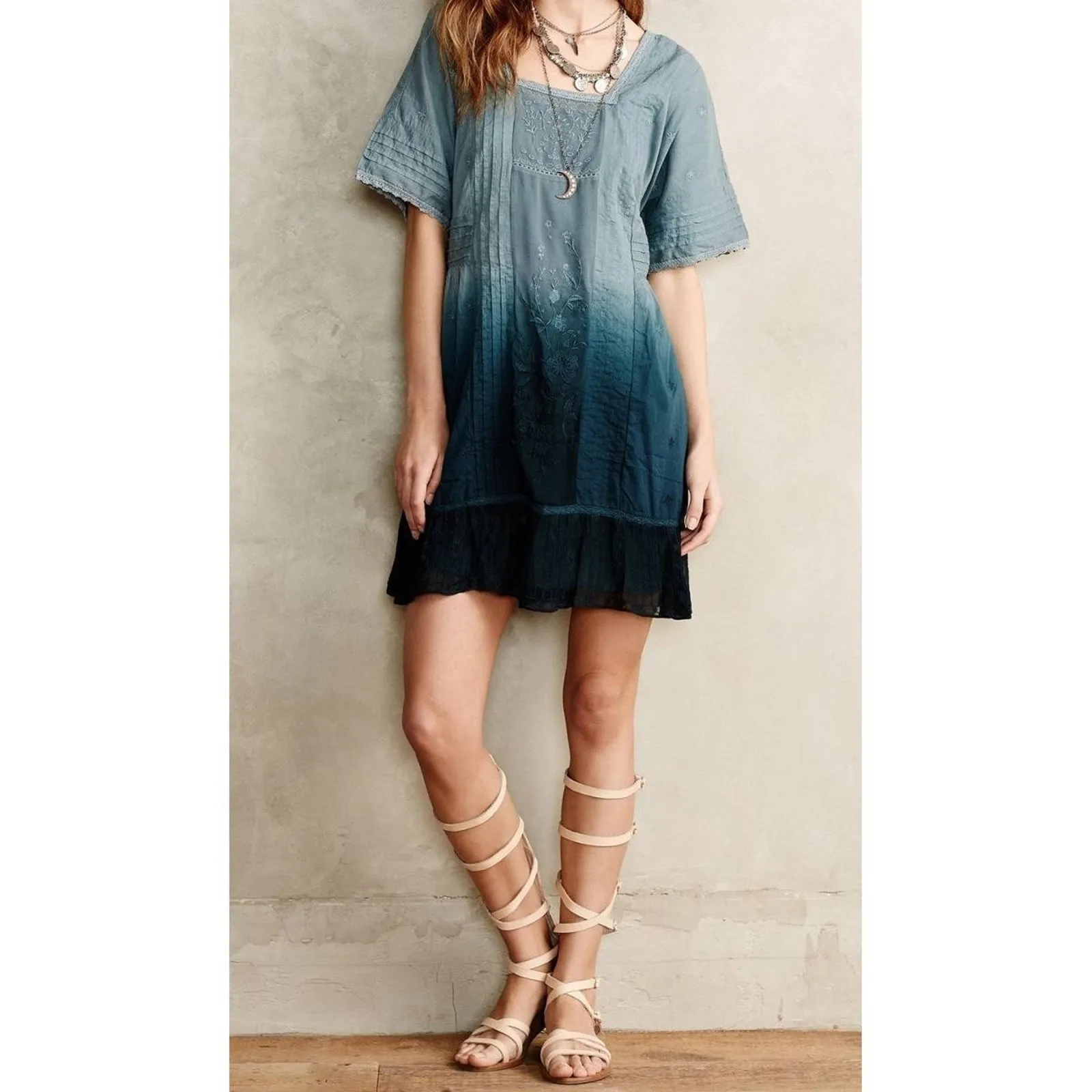 HOLDING HORSES | Anthropologie Ocean Dipped Tunic Dress XS Ombre Embroidered - Image 8