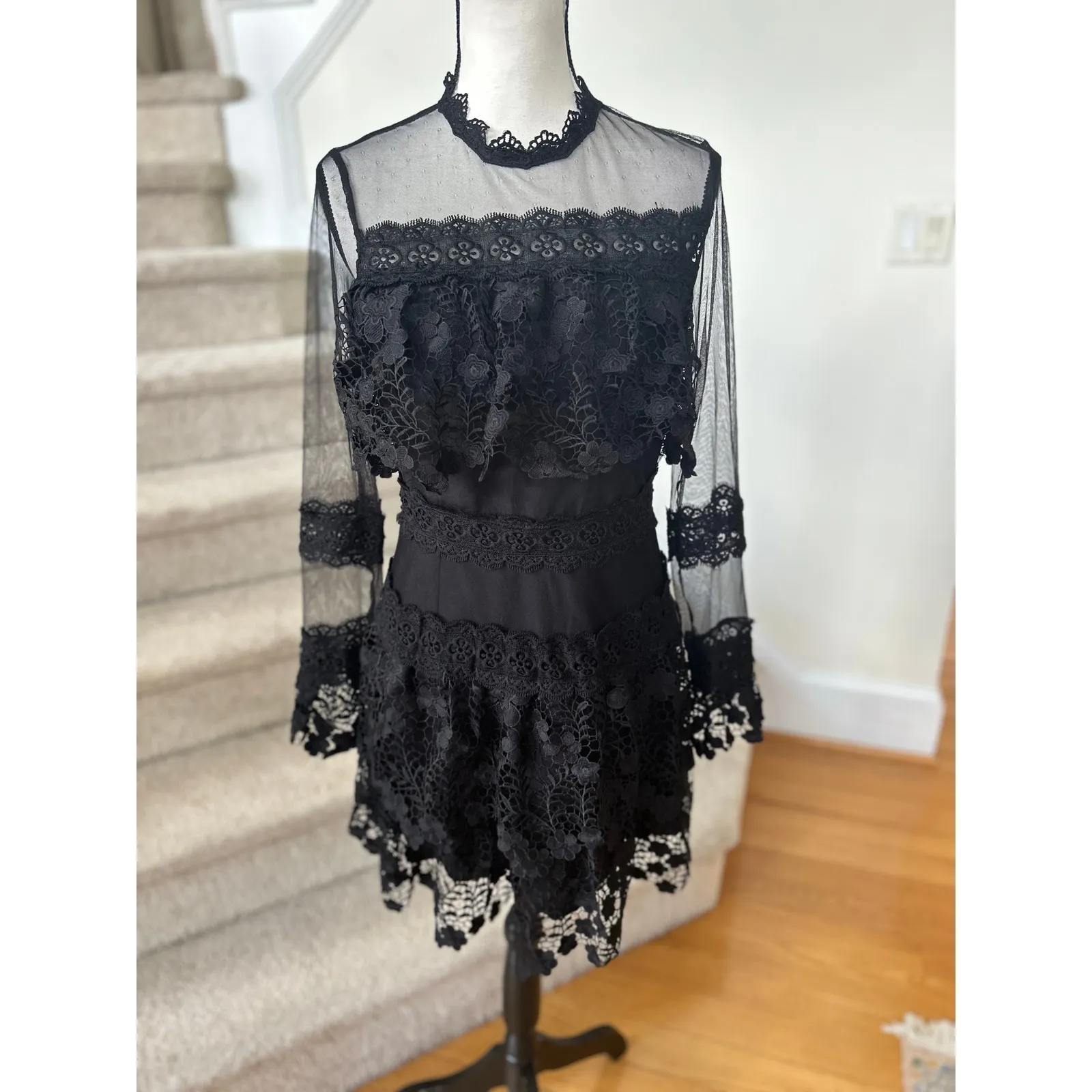 PrettyLittleThing Black Illusion Lace Long Sleeve Mini Dress Whimsygoth - Image 2
